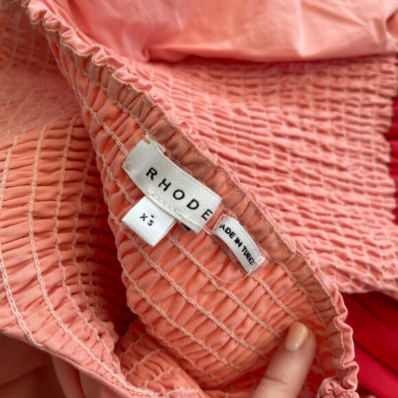 RHODE Eloise Smock Bodice Cotton Maxi Dress Size XS Pink Red Orange Tiered Chic - Picture 14 of 16